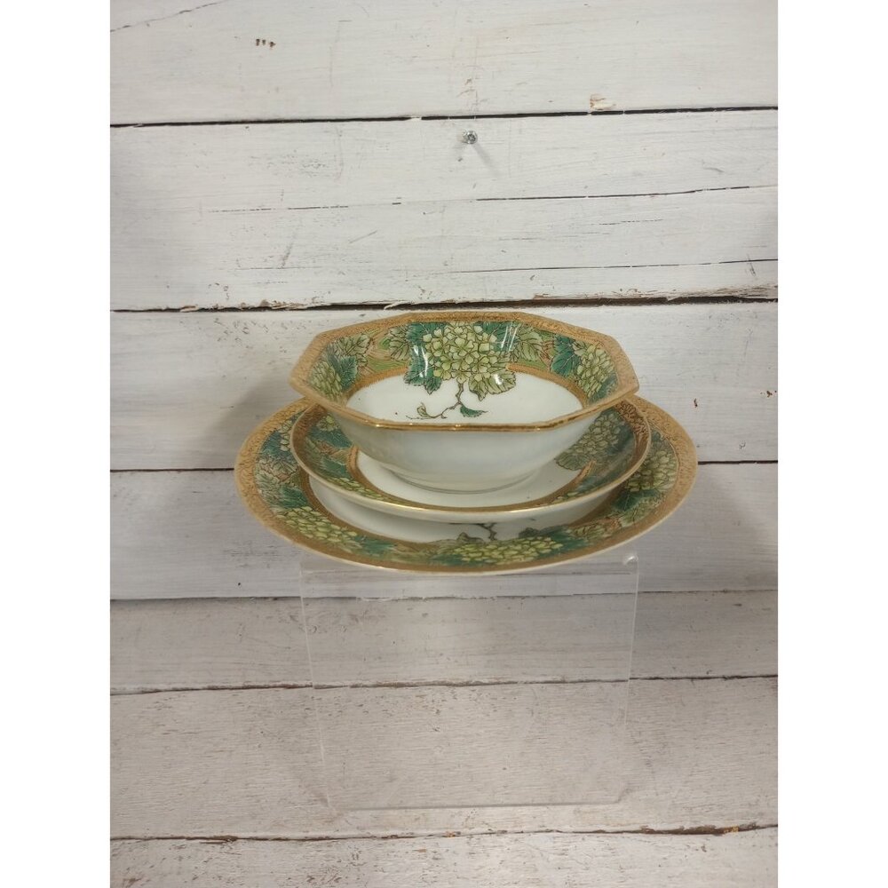 Nippon Nagoya Bowl And Saucers Hand Painted Green Leaves Clover Gold Encrusted